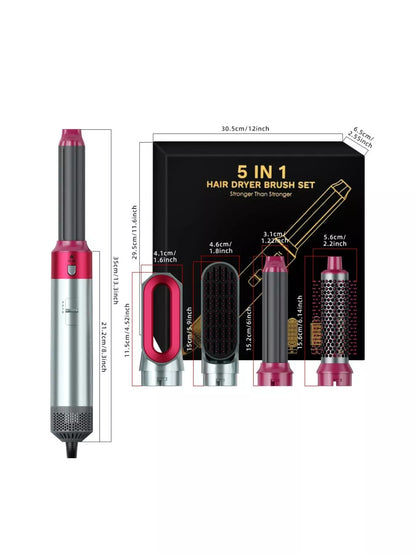 White Trendsi 5-in-1 interchangeable hot air brush with European plug, showcasing multiple styling attachments.
