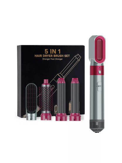 White Trendsi 5-in-1 interchangeable hot air brush with European plug, showing different brush attachments for versatile styling.