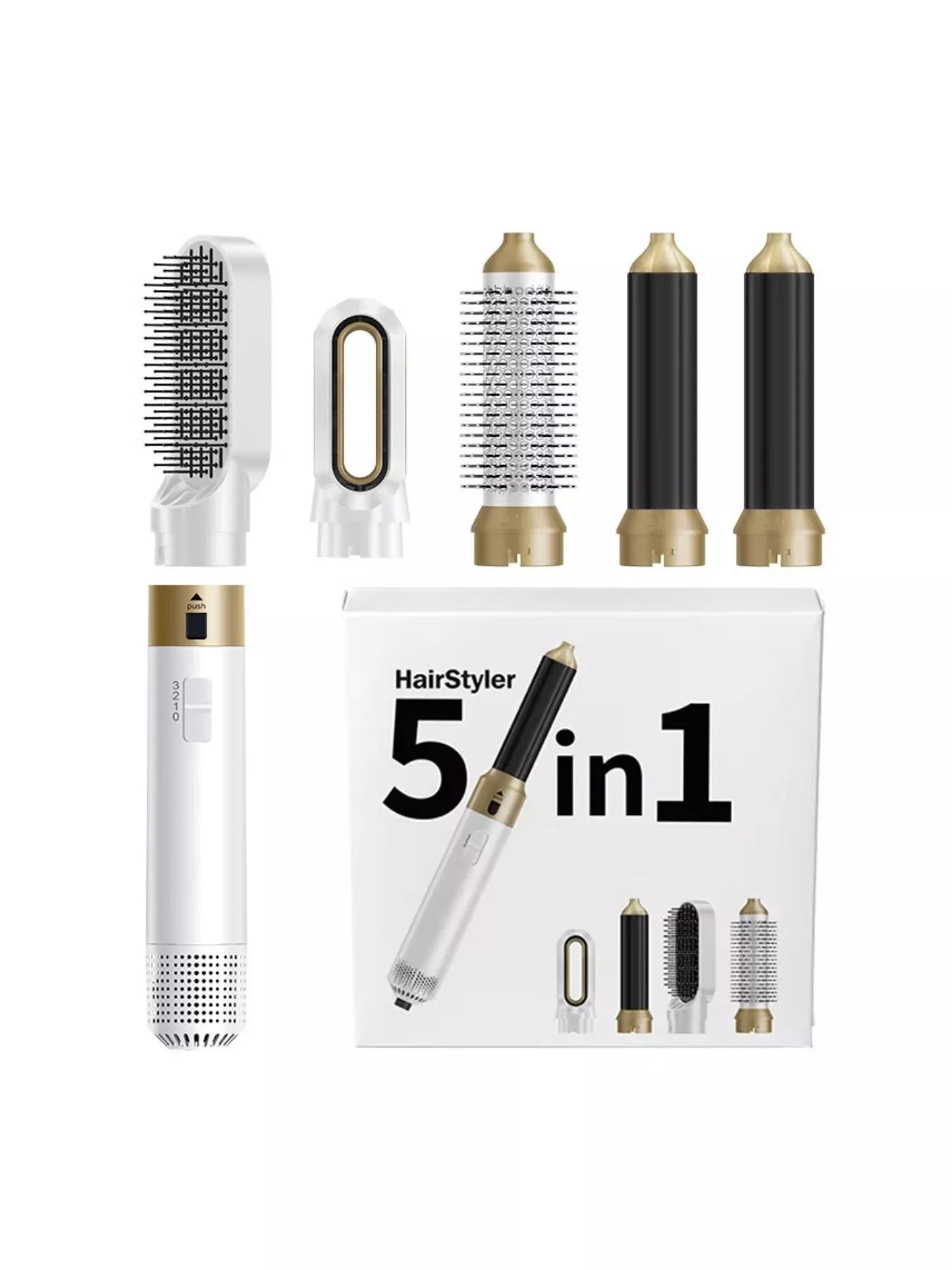 Trendsi 5-in-1 interchangeable hot air brush with white handle and European plug for versatile hair styling.