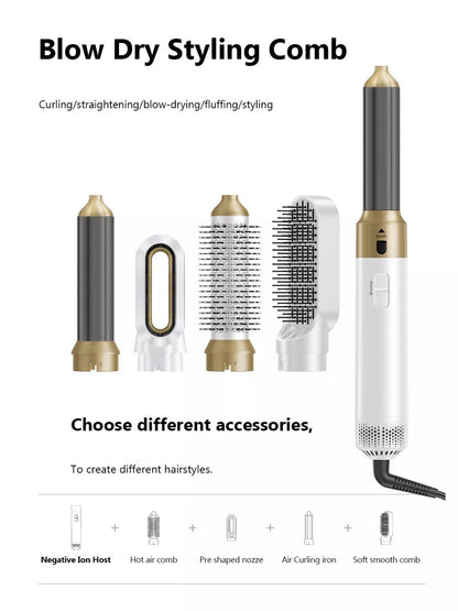 Trendsi 5-in-1 interchangeable hot air brush with white European plug, showing various styling attachments for versatile hair styling.