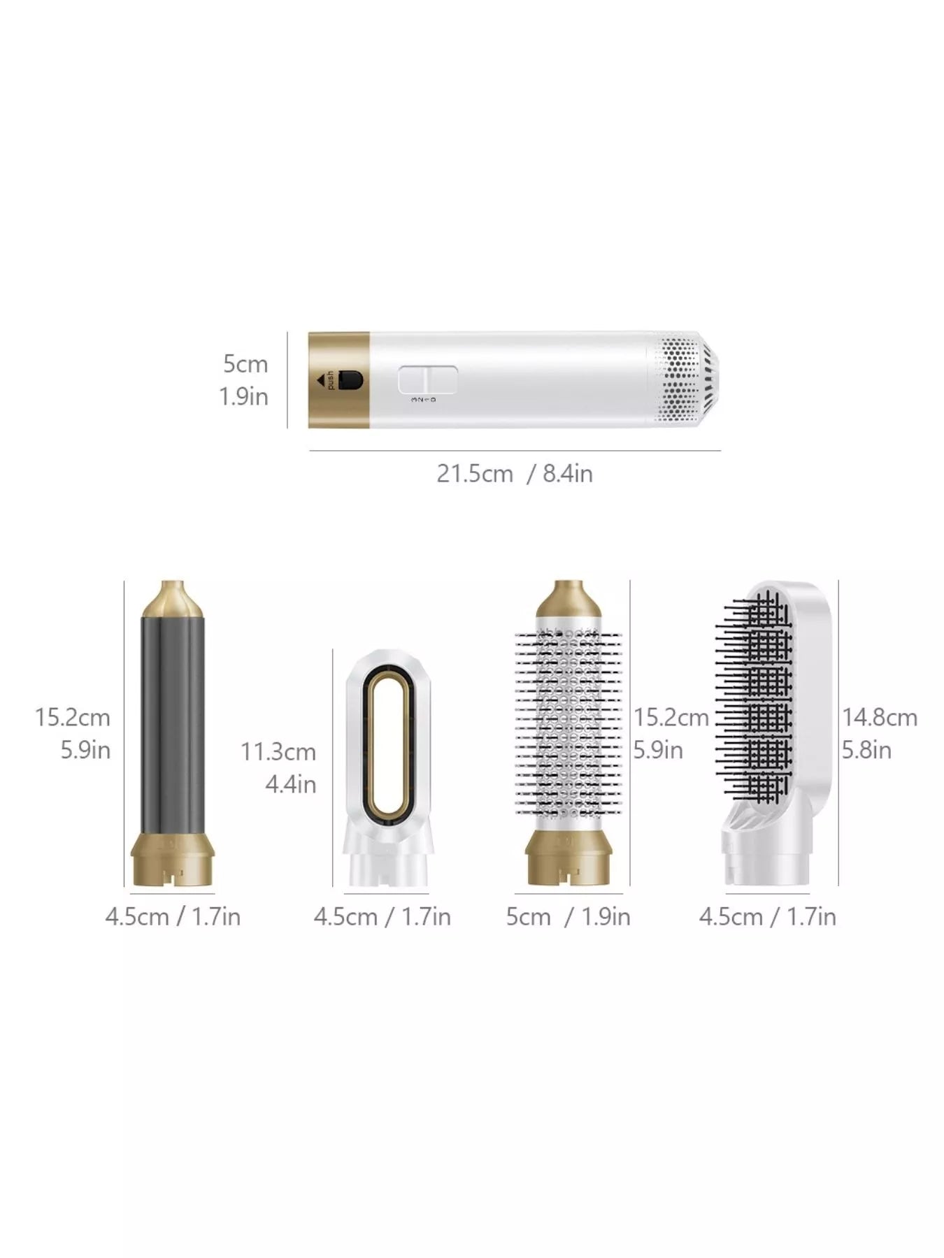 White 5-in-1 interchangeable hot air brush by Trendsi with European plug, versatile styling tool for smooth and voluminous hair.