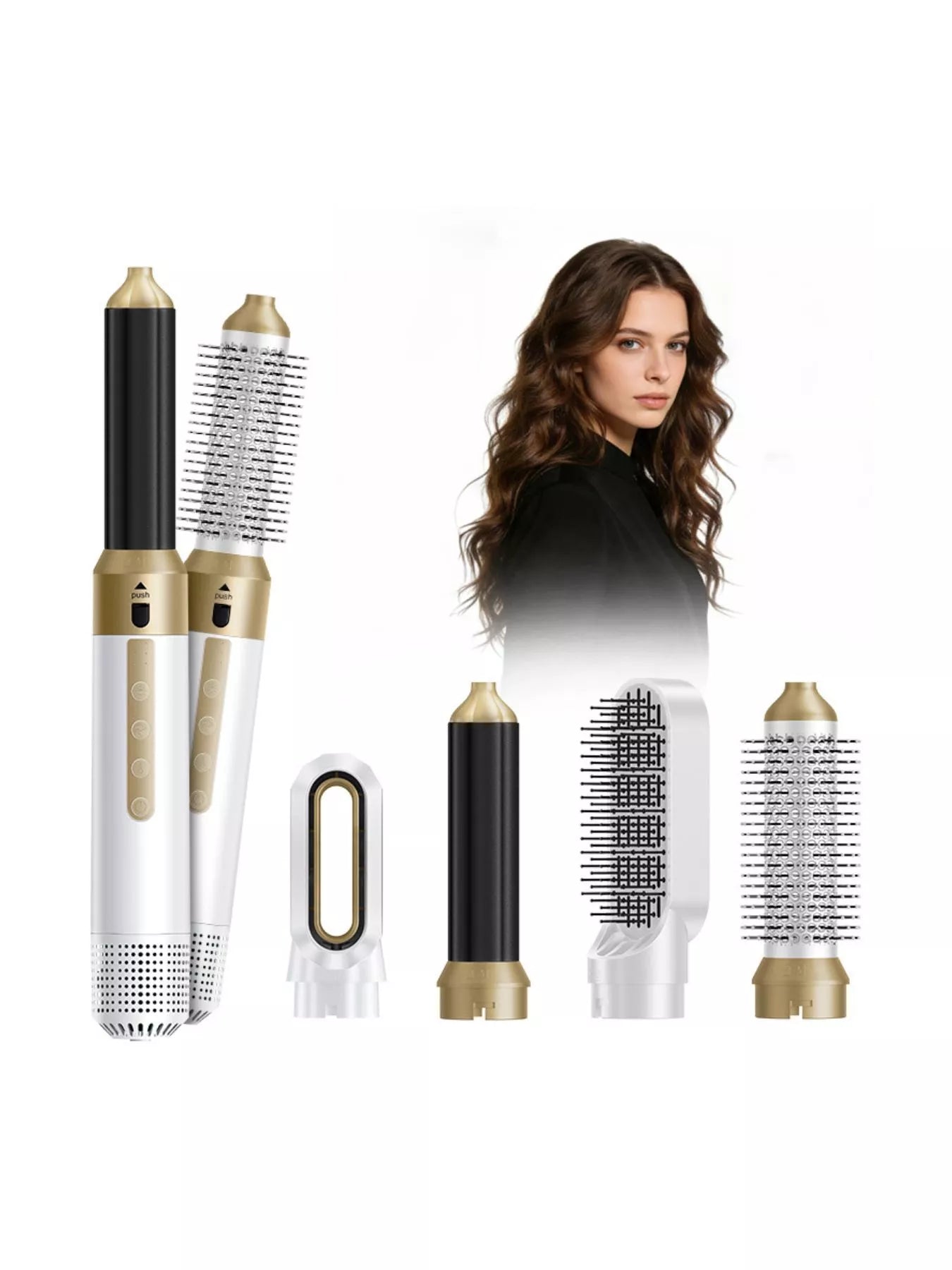 White Trendsi 5-in-1 interchangeable hot air brush with European plug, showcasing multiple styling attachments for versatile hair styling.