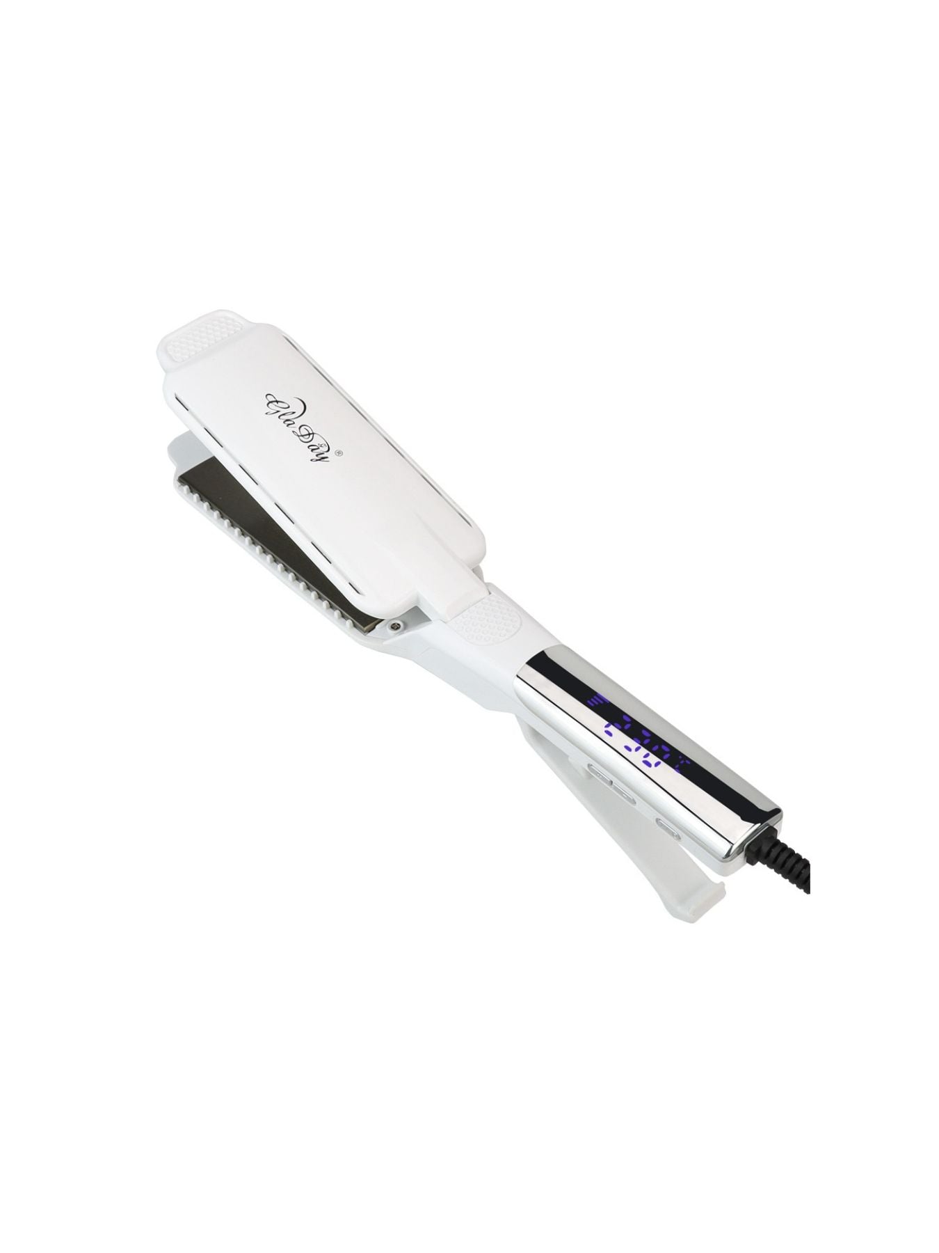 White Trendsi adjustable temperature hair straightener with European plug, ceramic plates for sleek styling and heat control.