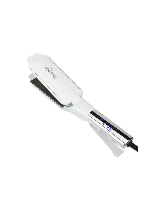 White adjustable temperature hair straightener by Trendsi with European plug, featuring ceramic plates for smooth styling.