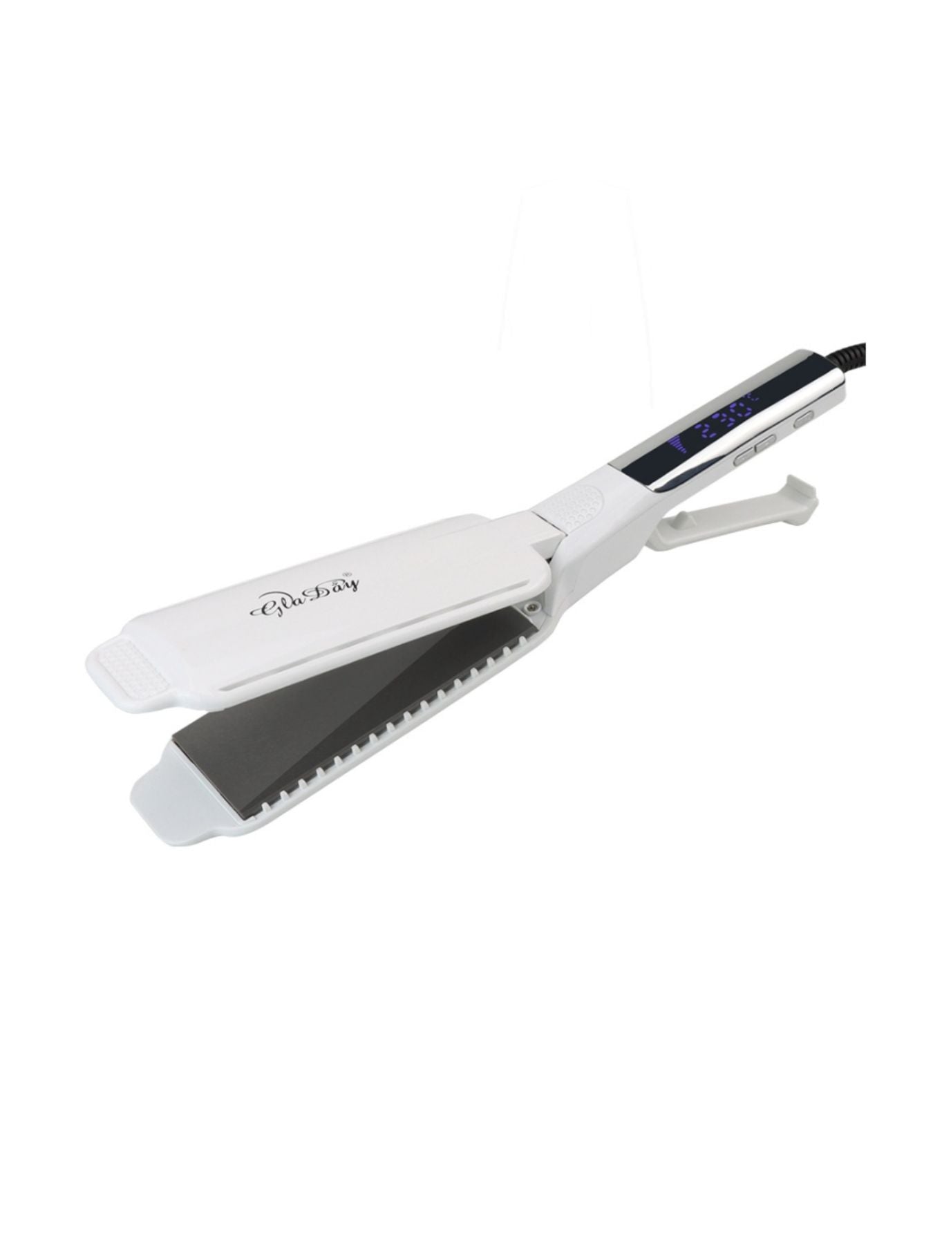 White adjustable temperature hair straightener by Trendsi with European plug, sleek design for salon-quality styling.