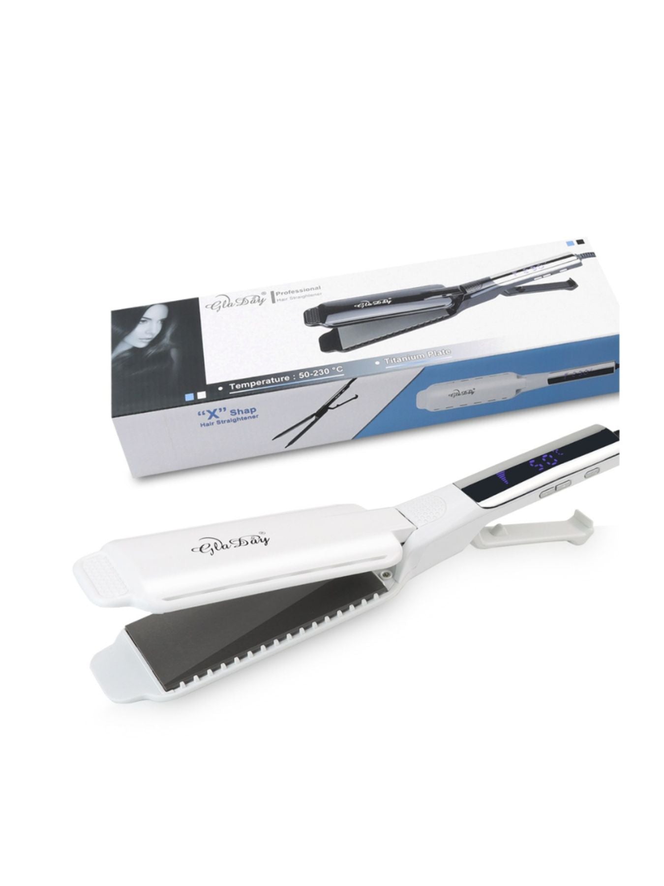 Trendsi adjustable temperature hair straightener with white European plug, ceramic plates, and ergonomic design for sleek styling.