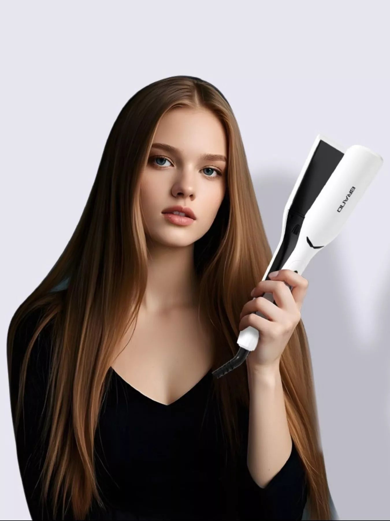 White adjustable temperature hair straightener by Trendsi with European plug for versatile styling.