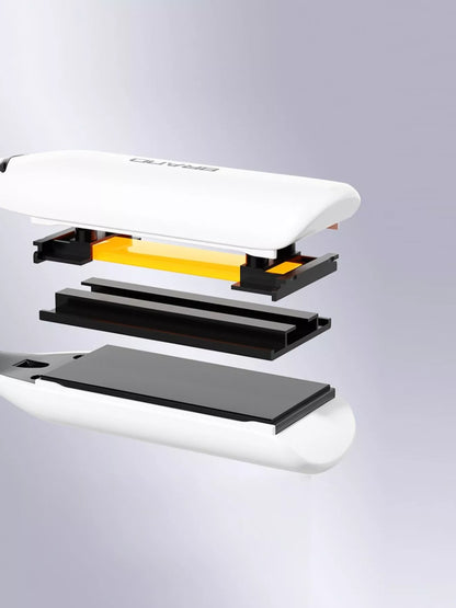 White Trendsi adjustable temperature hair straightener with European plug, featuring sleek design and ceramic heating plates.