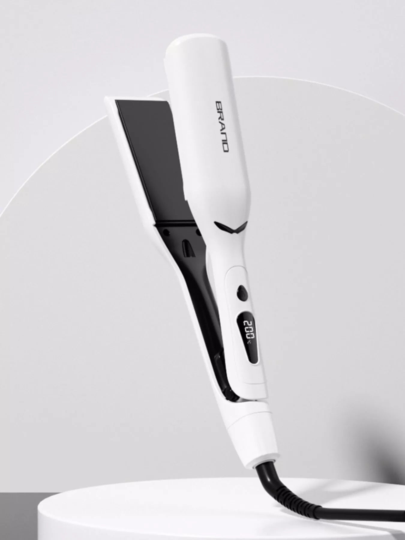 White Trendsi adjustable temperature hair straightener with European plug, featuring a sleek design for smooth, styled hair.