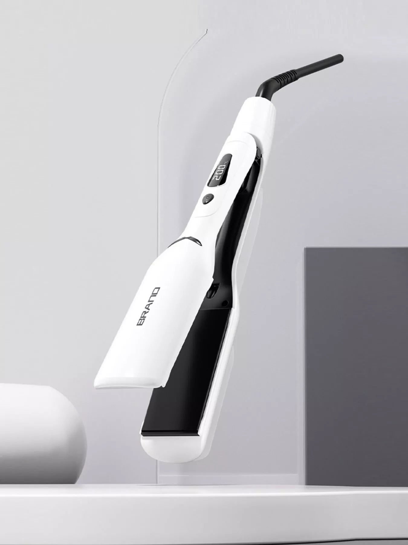 White Trendsi adjustable temperature hair straightener with European plug, showing sleek design and ceramic plates.