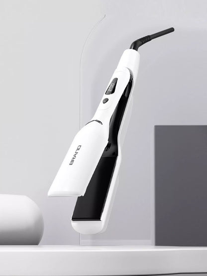 White Trendsi adjustable temperature hair straightener with European plug, showing sleek design and ceramic plates.