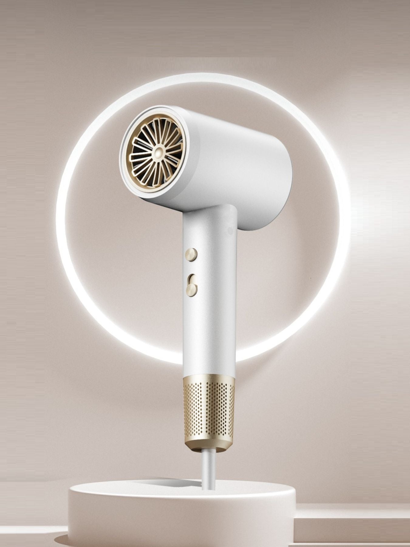 White Trendsi low noise household hair dryer with European plug, compact design, and ergonomic handle.