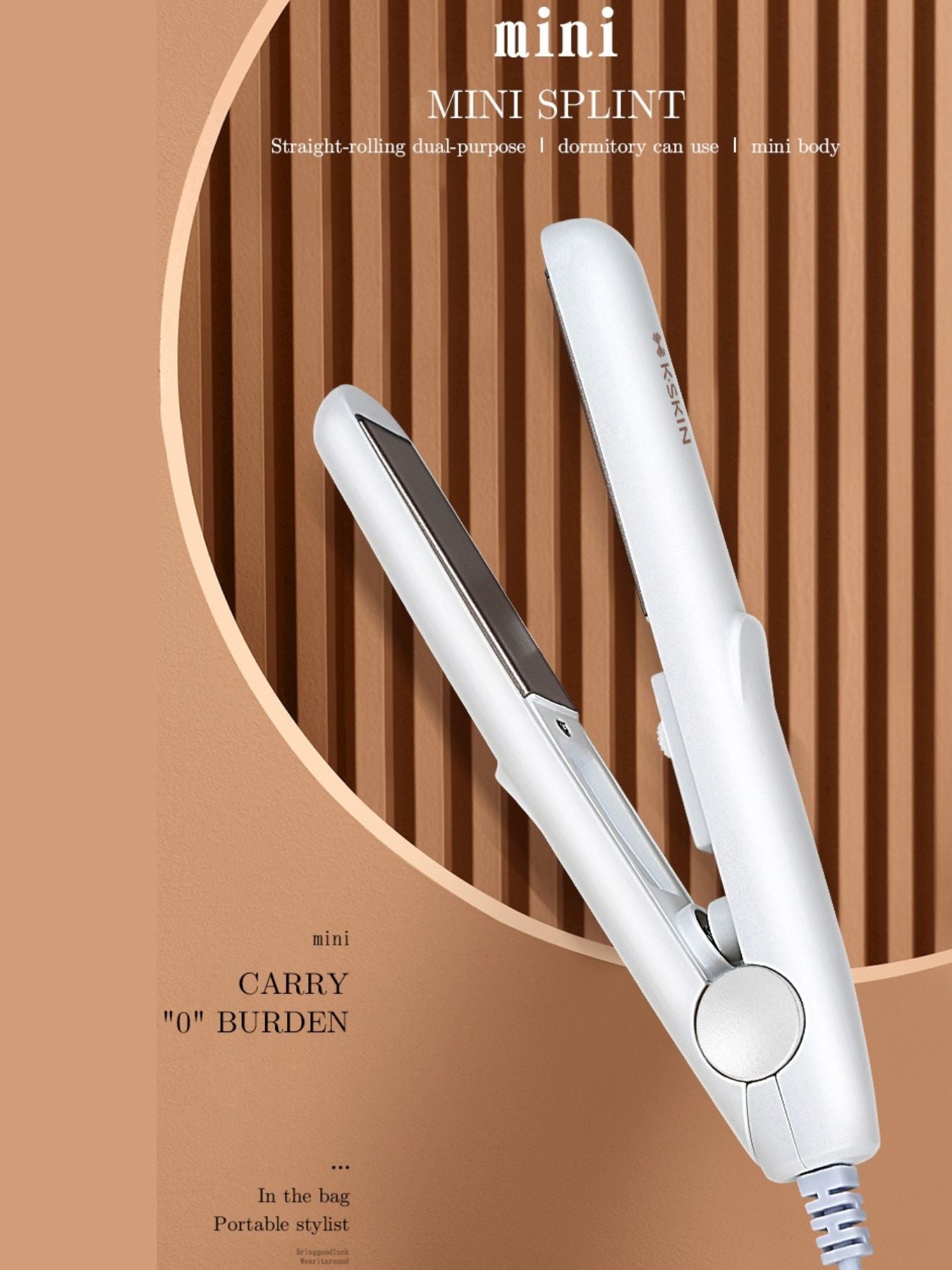White portable mini hair straightener by Trendsi with European plug, compact design for easy styling on the go.