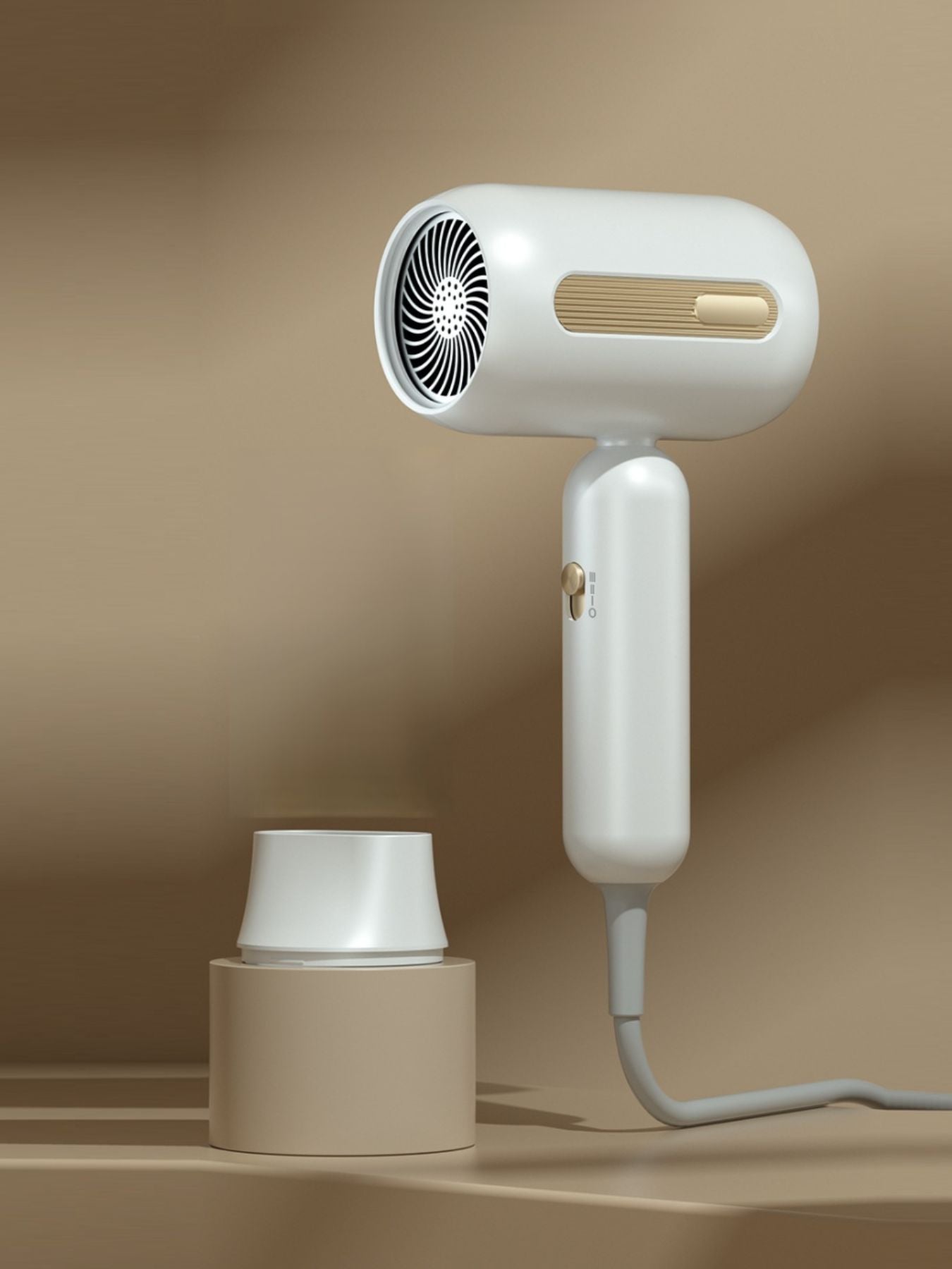 White portable negative ion hair dryer with European plug, lightweight design, and ergonomic handle from Trendsi.