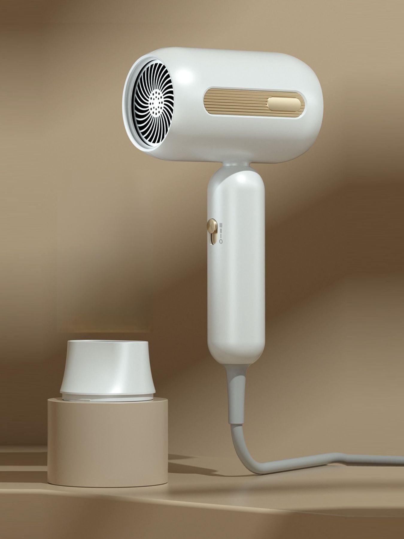 White portable negative ion high-speed hair dryer with European plug, compact design, and sleek finish from Trendsi.