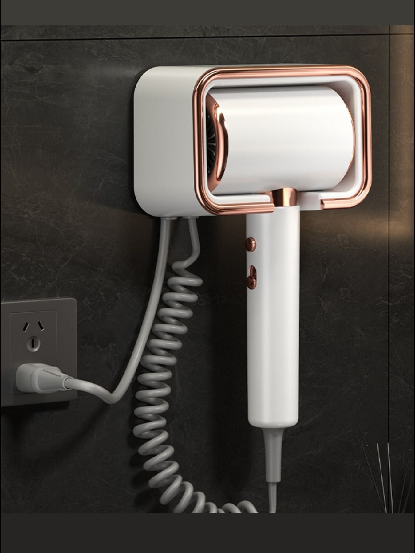 White wall-mounted household hair dryer with European plug, compact design, ideal for convenient home use by Trendsi.