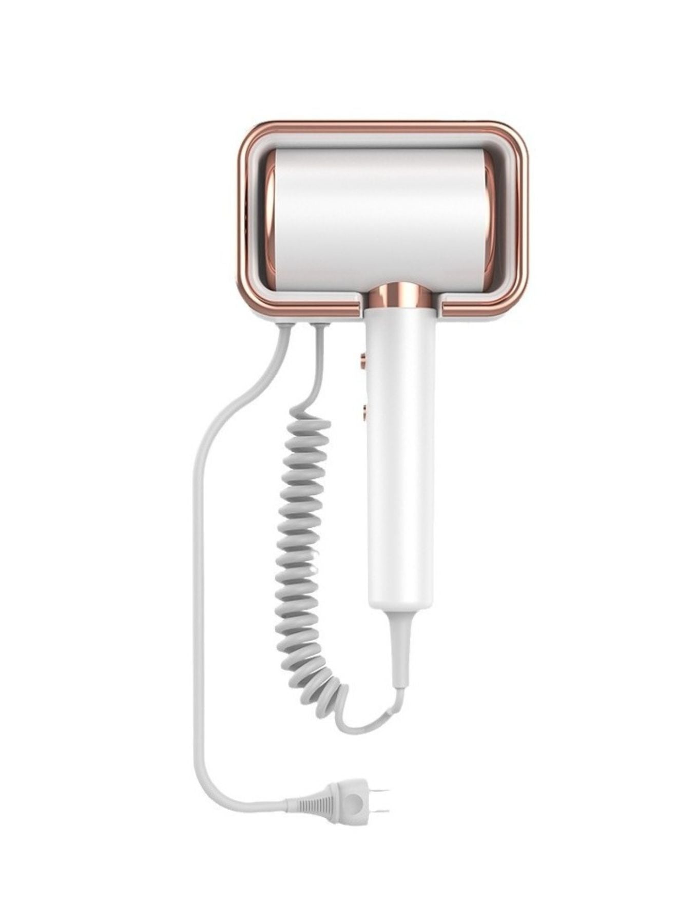 White wall-mounted household hair dryer with European plug by Trendsi, shown mounted on a bathroom wall.