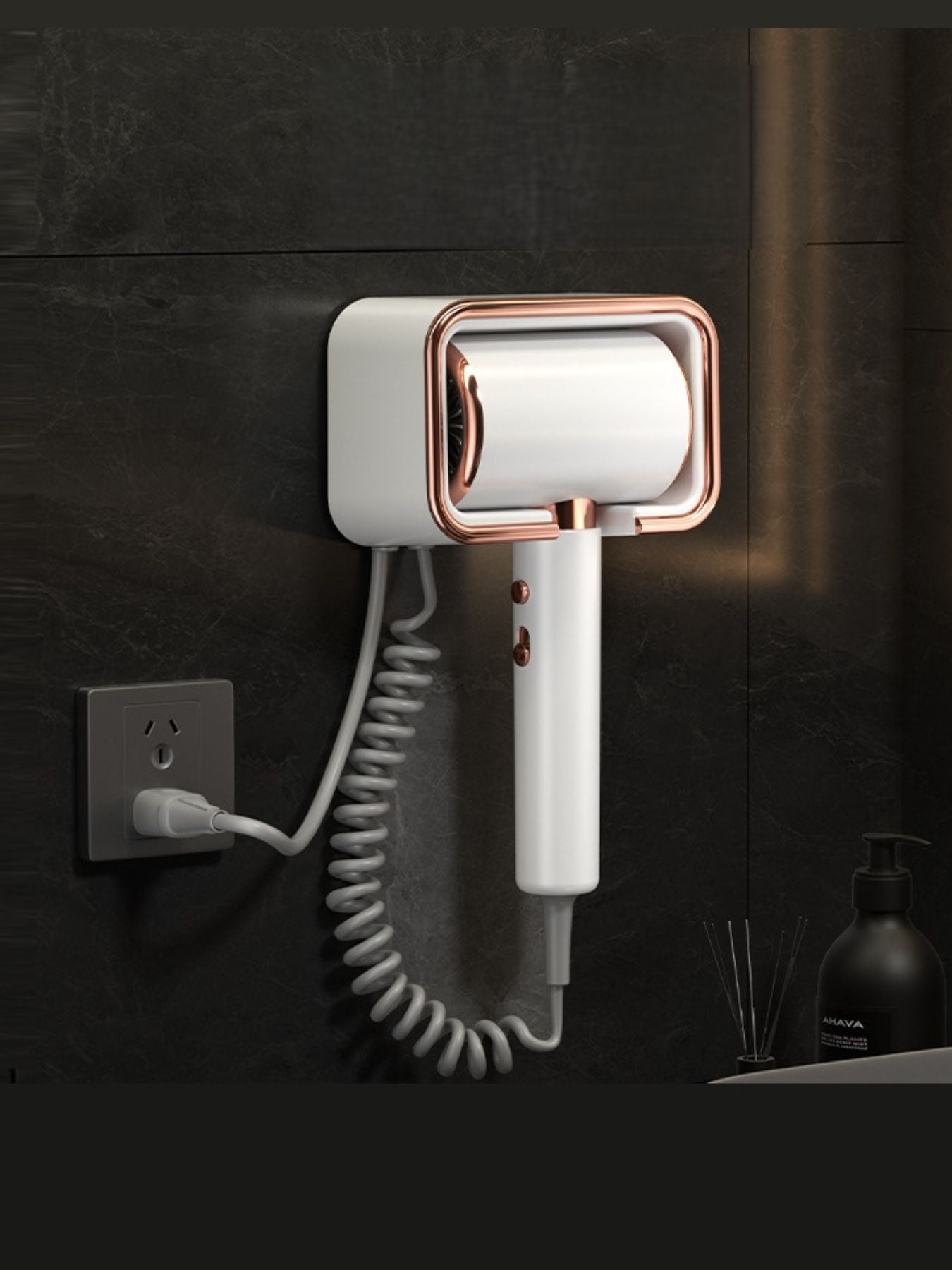 White wall-mounted household hair dryer with European plug, compact and convenient for easy drying at home.