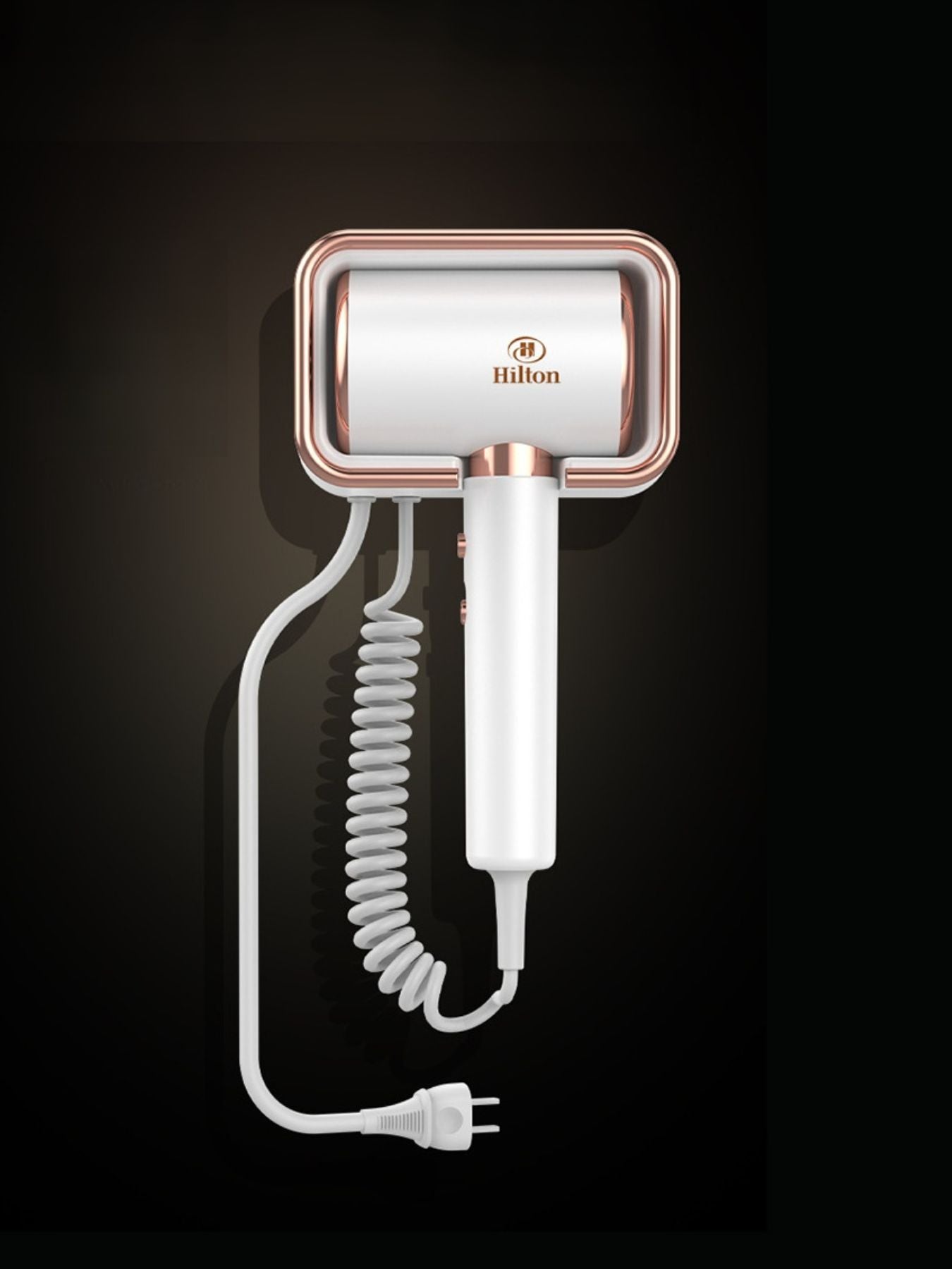 White wall-mounted household hair dryer with European plug by Trendsi, shown mounted on a bathroom wall.