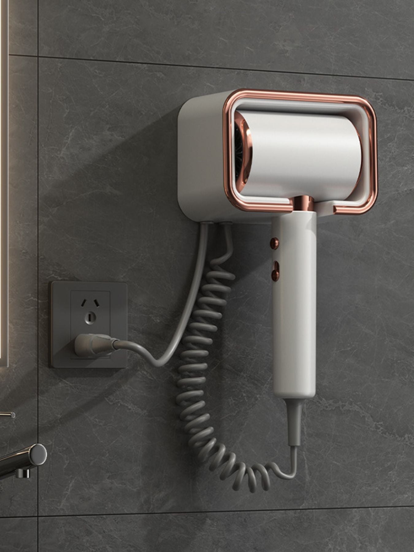 White wall-mounted household hair dryer with European plug, compact design, suitable for home use by Trendsi.