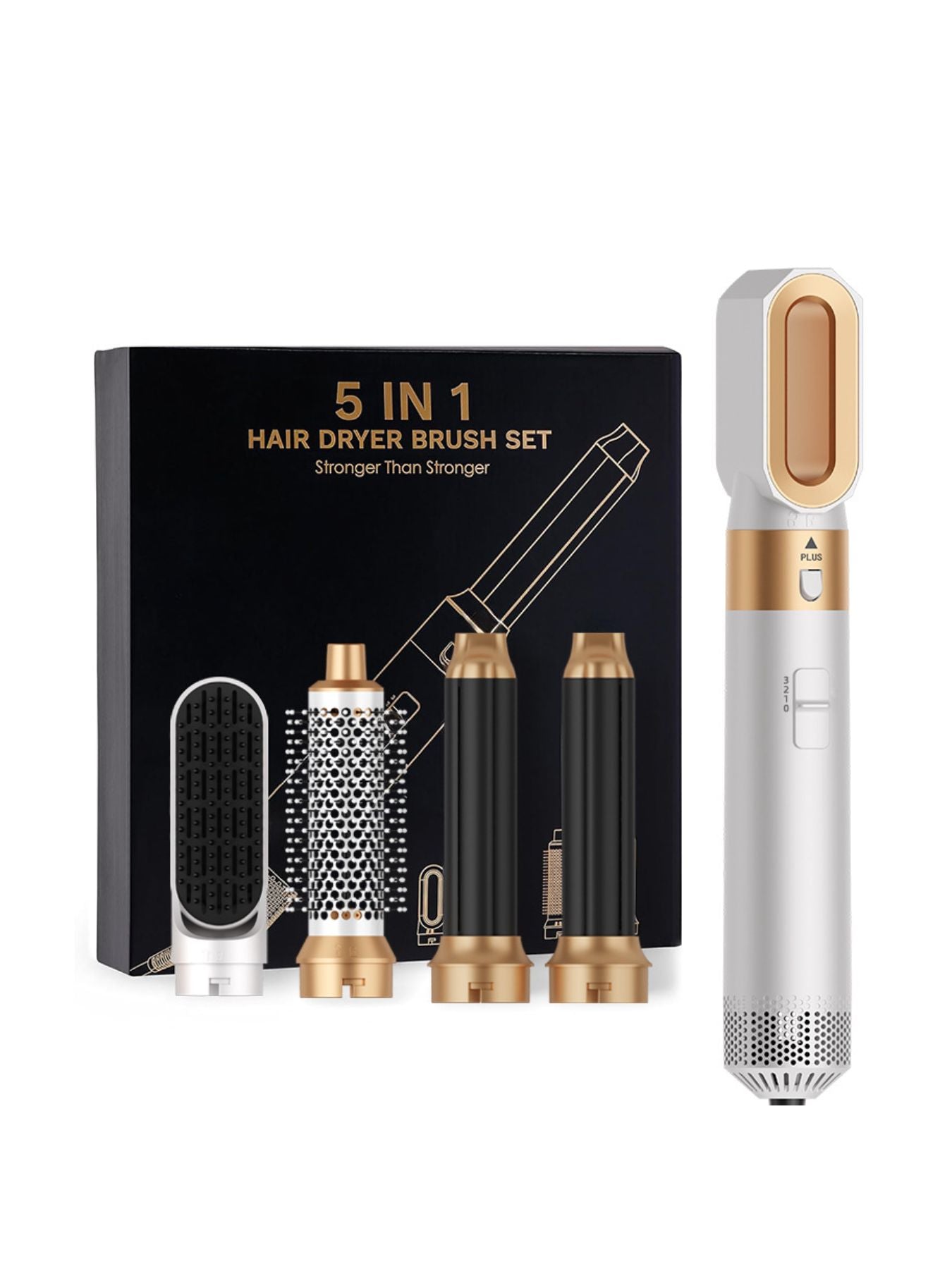 Trendsi 5-in-1 hot air brush with white and gold finish, European plug, versatile styling tool for smooth, voluminous hair.