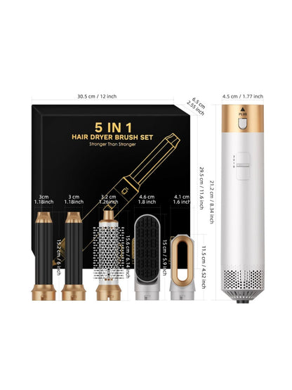White and gold Trendsi 5-in-1 hot air brush with European plug, showing the multi-functional styling tool with attachments.