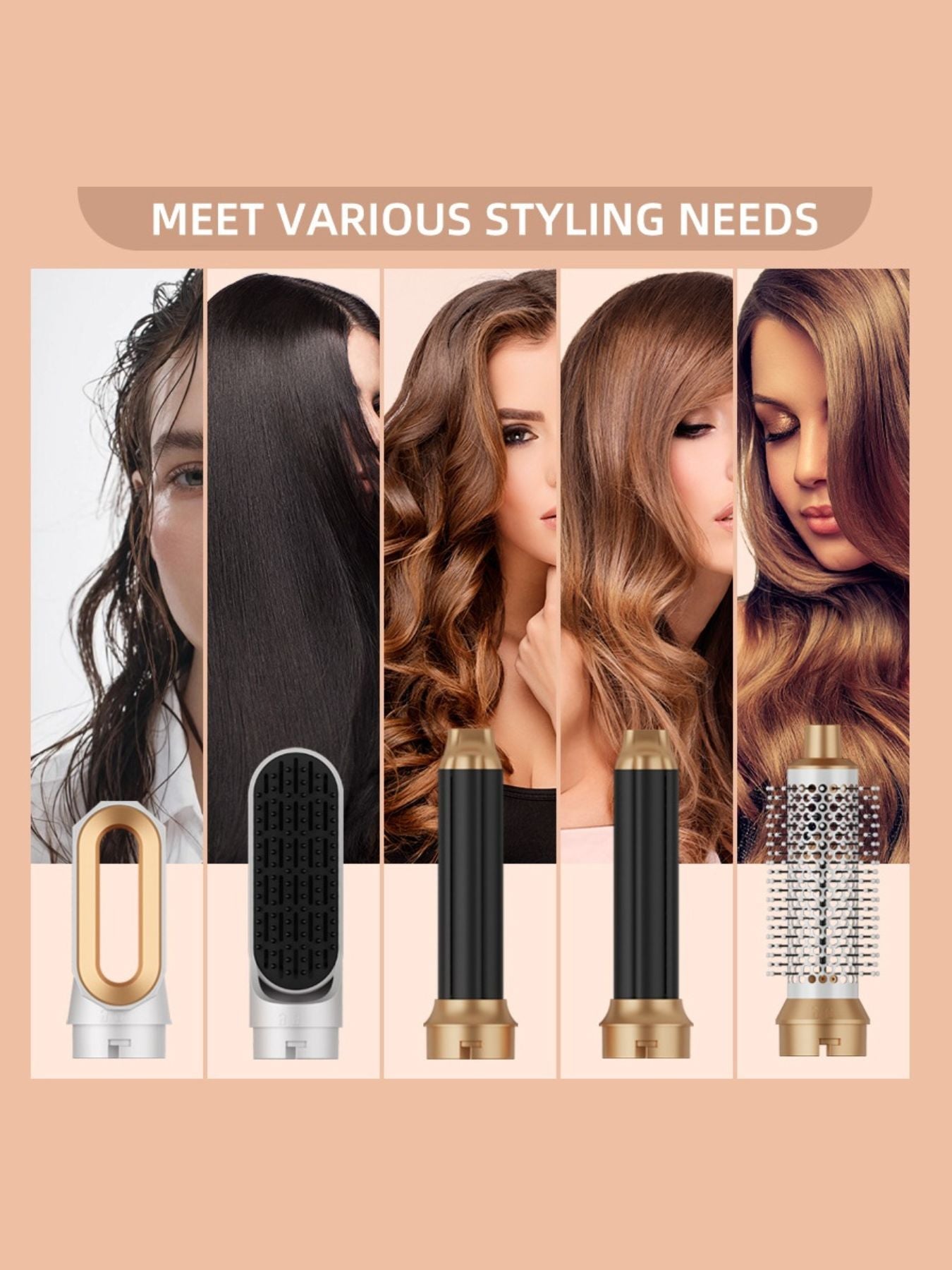 Trendsi 5-in-1 hot air brush with white and gold finish, European plug, versatile hair styling tool.