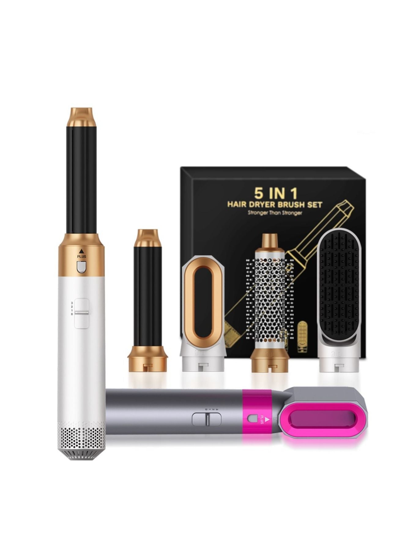 White and gold Trendsi 5-in-1 hot air brush with European plug, showcasing multiple styling attachments and a sleek design.