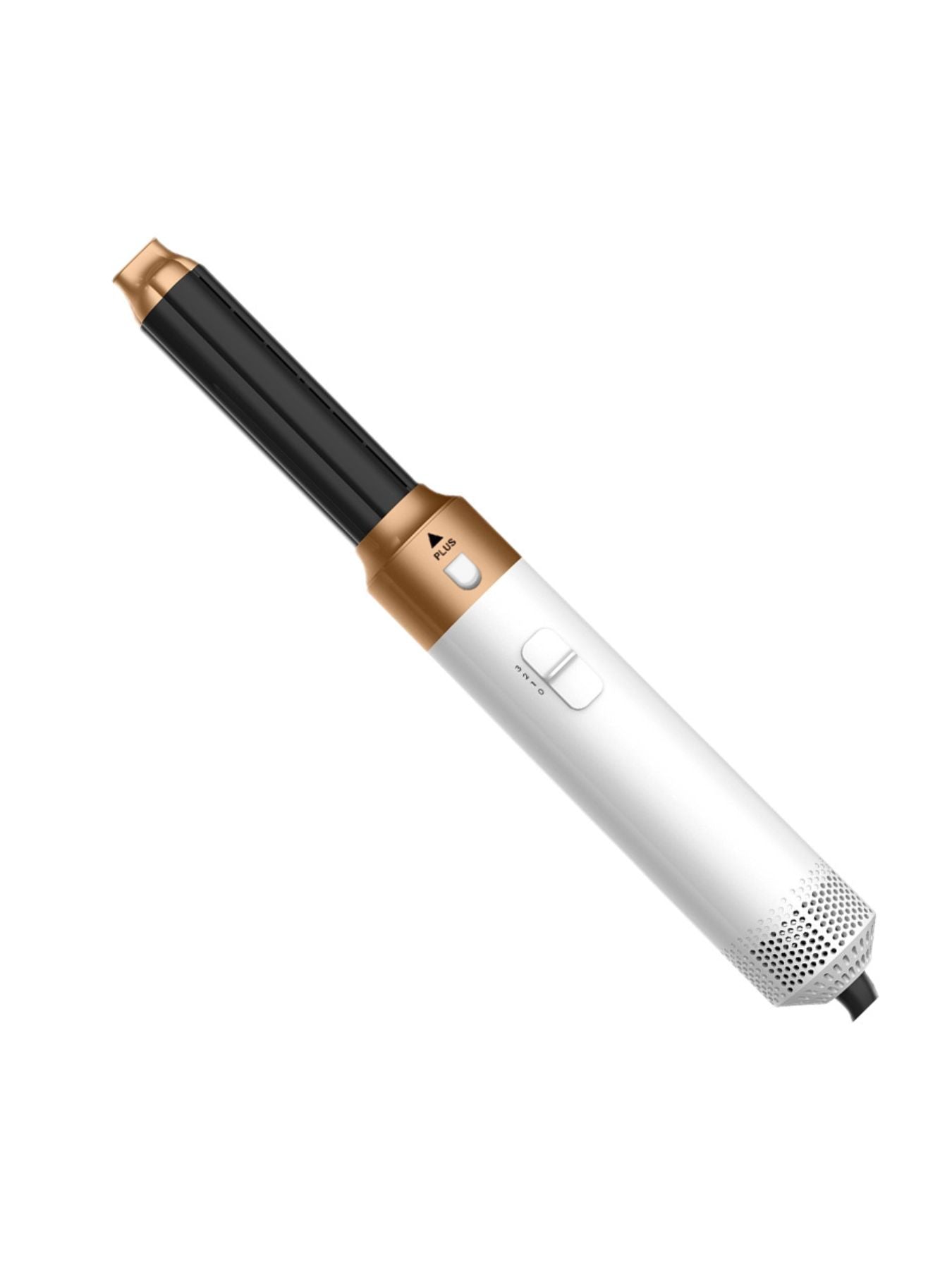 Trendsi white and gold 5-in-1 hot air brush with European plug, showing the versatile styling tool and its multiple attachments.