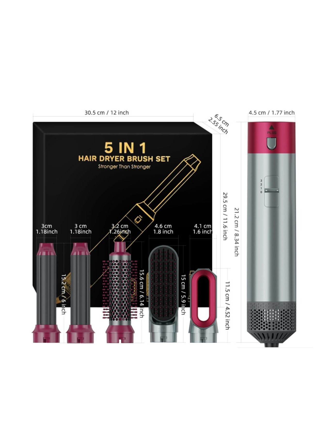 Trendsi 5-in-1 hot air brush with white and gold finish, European plug, showing multiple styling attachments for versatile hair styling.