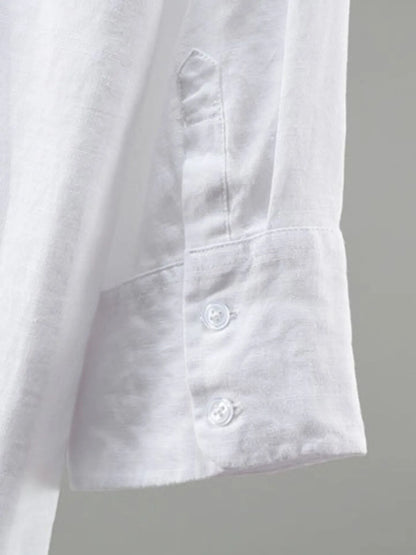 White men's plus size long sleeve button-up shirt by Trendsi, featuring a classic collar and front button closure.