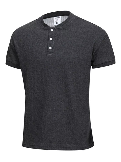 White men's textured short sleeve T-shirt by Trendsi, close-up of fabric detail and fit on model.