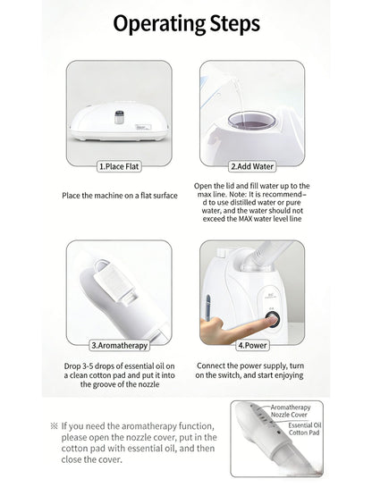 White Trendsi facial steamer deep cleansing beauty device with North American plug, emitting steam for facial skin rejuvenation.