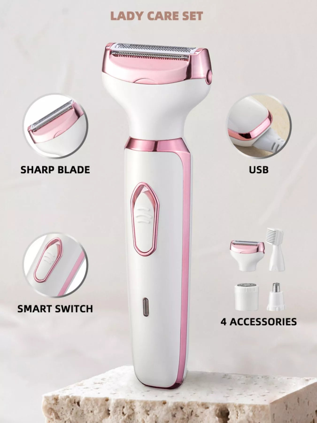 White 4-in-1 multifunctional painless hair removal device by Trendsi, featuring multiple attachments for smooth skin.