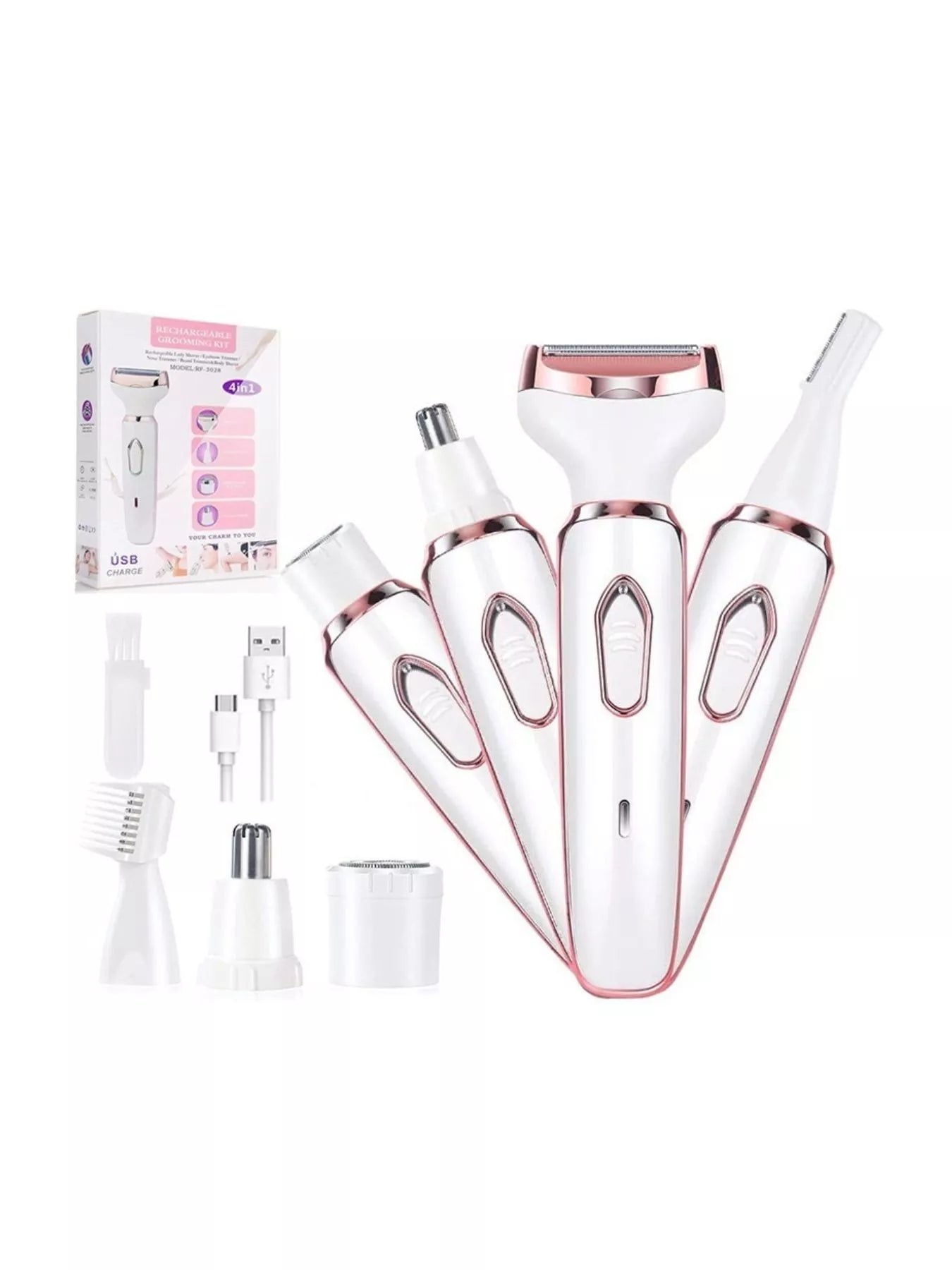 White 4-in-1 multifunctional painless hair removal device by Trendsi, featuring multiple attachment heads for versatile grooming.