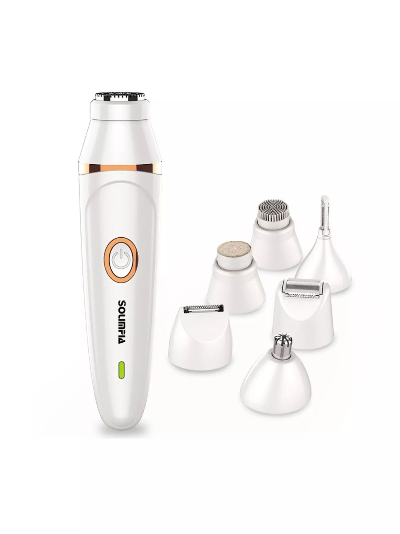 White 7-in-1 multifunctional painless hair removal device by Trendsi, featuring various attachments for versatile hair removal.