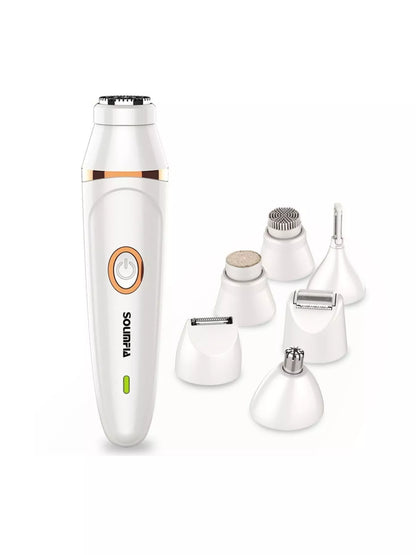 White 7-in-1 multifunctional painless hair removal device by Trendsi, featuring various attachments for versatile hair removal.