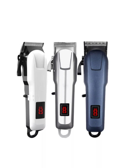 White cordless hair clipper with LED display by Trendsi, showing adjustable blades and ergonomic design.