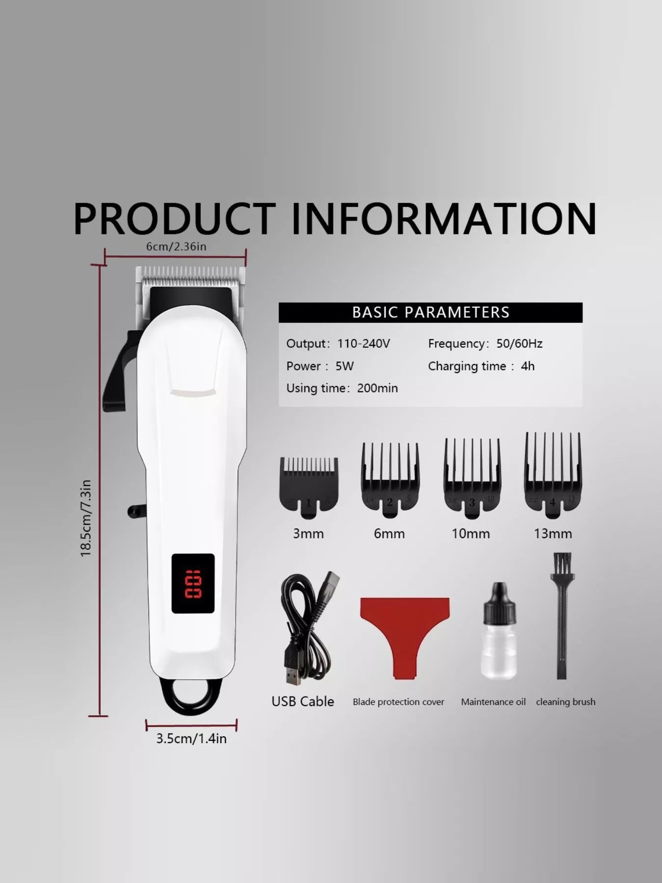 White cordless hair clipper by Trendsi with LED display, showing adjustable blades and ergonomic design for easy hair trimming.