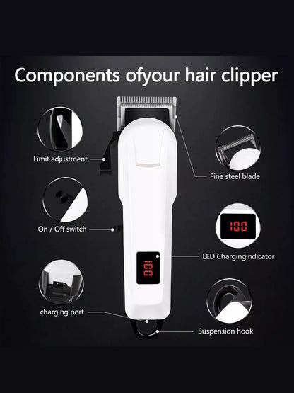 White cordless hair clipper with LED display from Trendsi, featuring a sleek design and adjustable blades for easy hair cutting.
