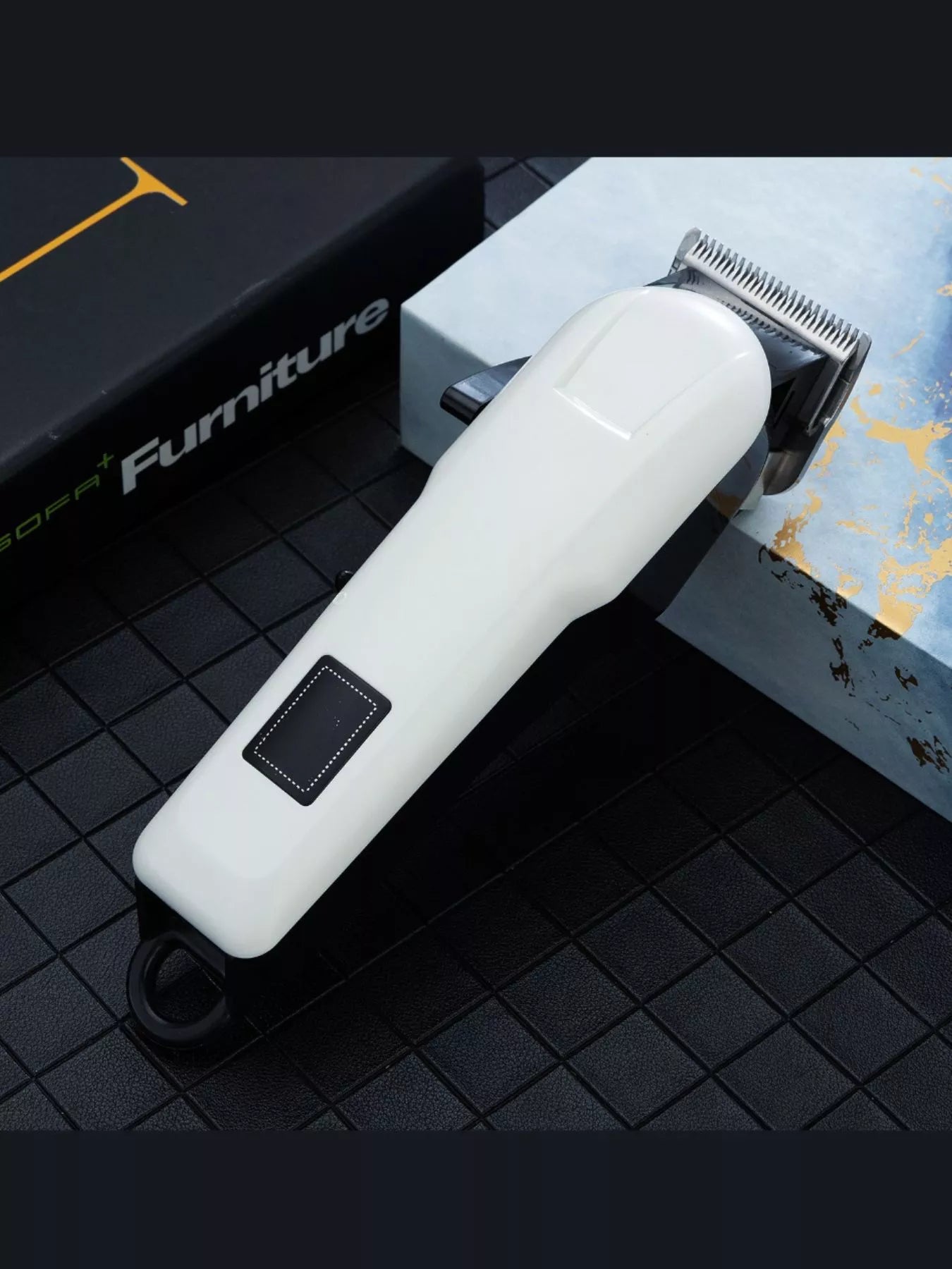 White cordless hair clipper with LED display from Trendsi, showing adjustable blades and ergonomic design for precise grooming.