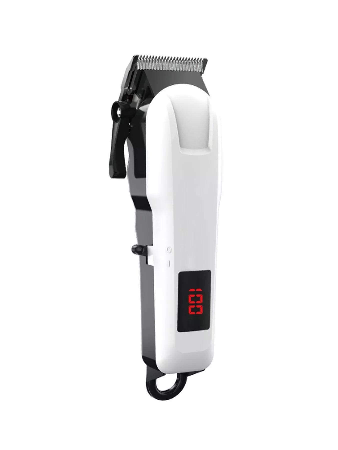 White cordless hair clipper from Trendsi with LED display and ergonomic design for precise hair cutting.