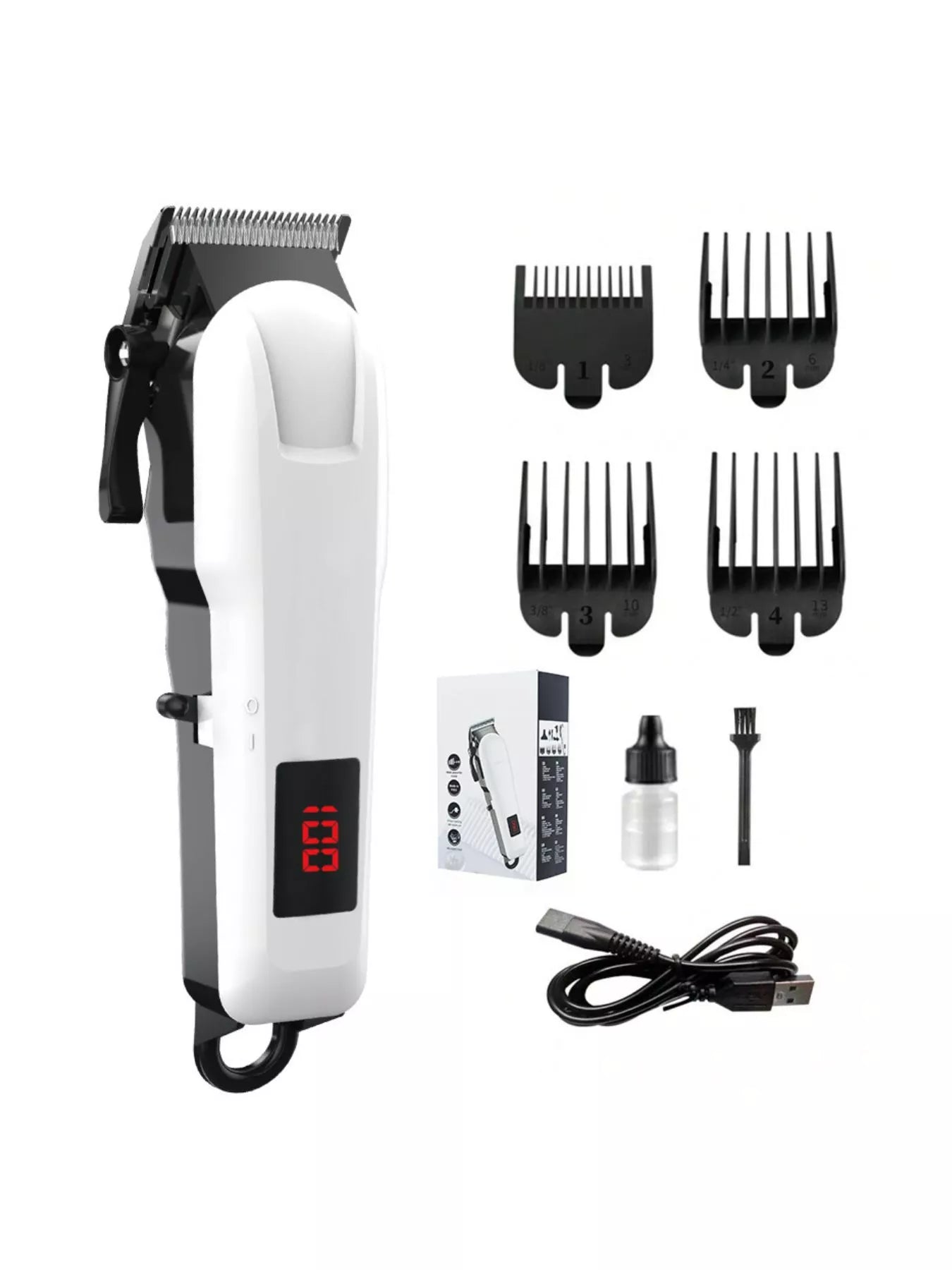 White cordless hair clipper with LED display by Trendsi, featuring adjustable blades and ergonomic design for easy grooming.