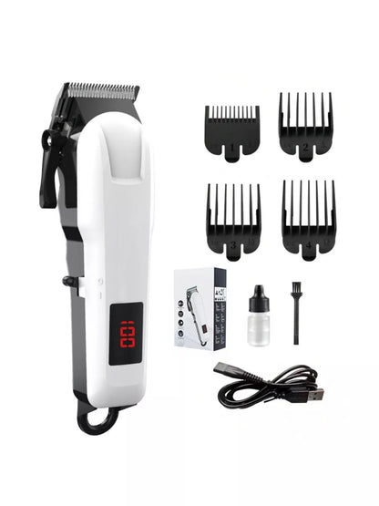 White cordless hair clipper with LED display by Trendsi, featuring adjustable blades and ergonomic design for easy grooming.