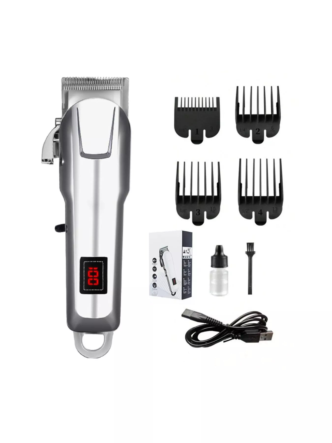 White cordless hair clipper with LED display from Trendsi, featuring adjustable blades and ergonomic design for easy grooming.