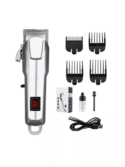 White cordless hair clipper with LED display from Trendsi, featuring adjustable blades and ergonomic design for easy grooming.