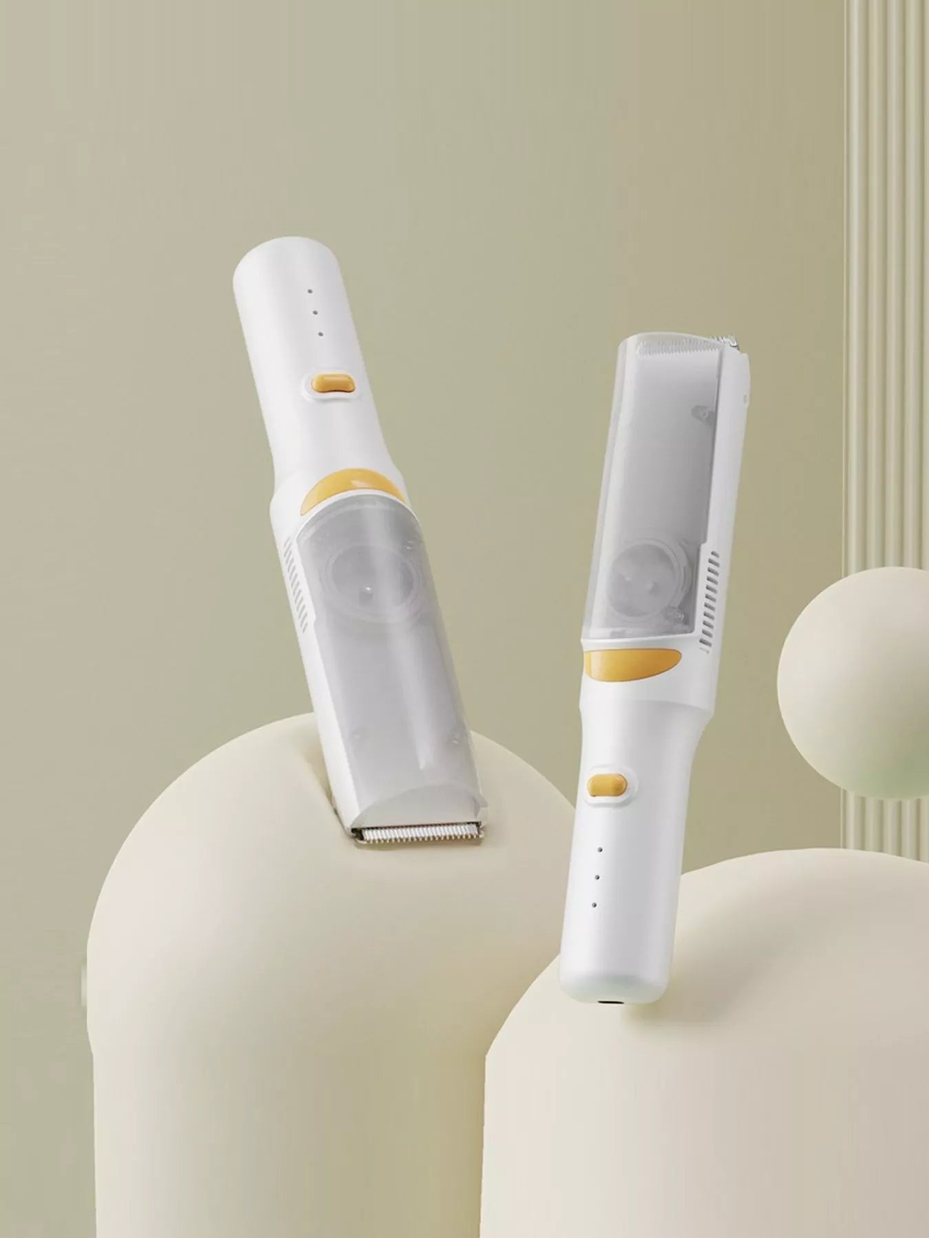 White cordless rechargeable hair clipper by Trendsi, shown with adjustable blades and ergonomic design for easy grooming.