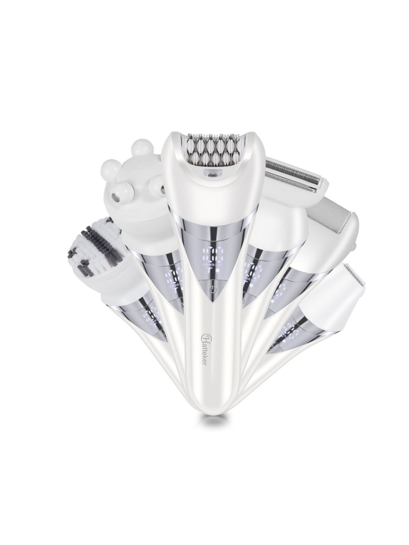 White painless electric hair removal epilator by Trendsi with multiple attachments and ergonomic design for smooth skin.
