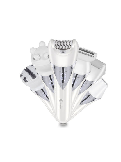 White painless electric hair removal epilator by Trendsi with multiple attachments and ergonomic design for smooth skin.