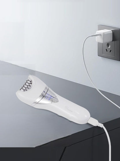 White painless electric hair removal epilator by Trendsi with multiple attachment heads for gentle at-home hair removal.